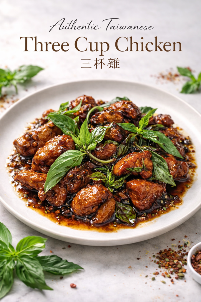 A vibrant bowl of Authentic Taiwanese Three Cup Chicken (San Bei Ji) with glossy, dark caramelized chicken pieces and wilted fresh Thai basil, served over steamed white rice.