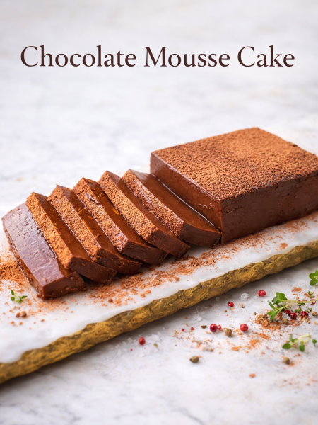 No bake chocolate mousse cake slice on a white plate with cocoa powder dusting