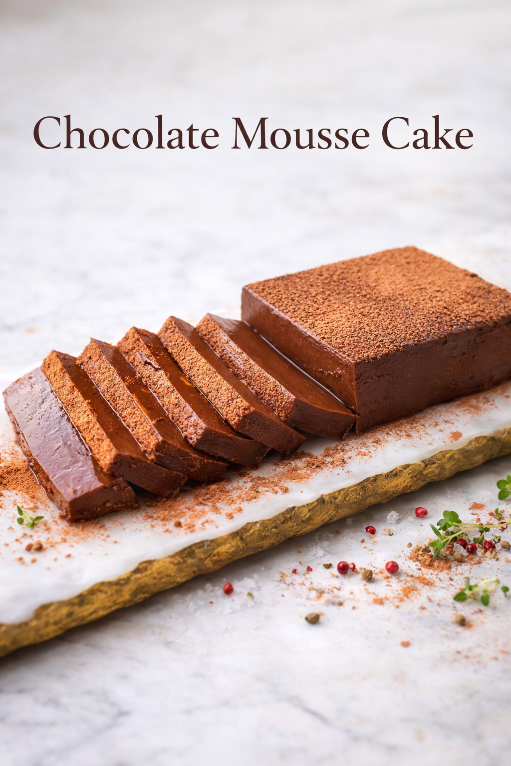 No bake chocolate mousse cake slice on a white plate with cocoa powder dusting
