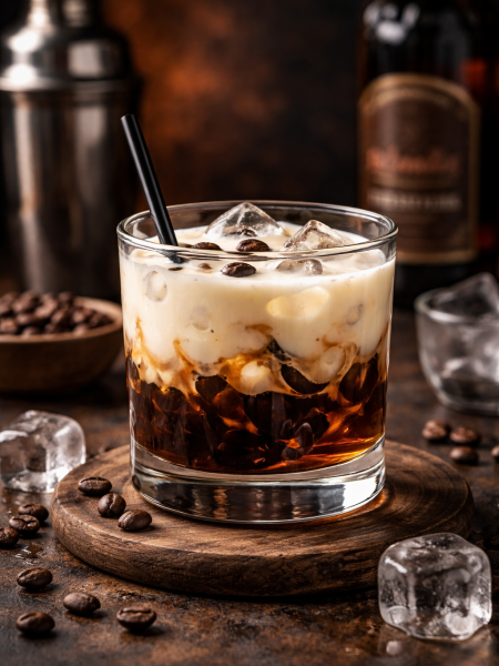 White russian cocktail in a lowball glass with ice and cream layer