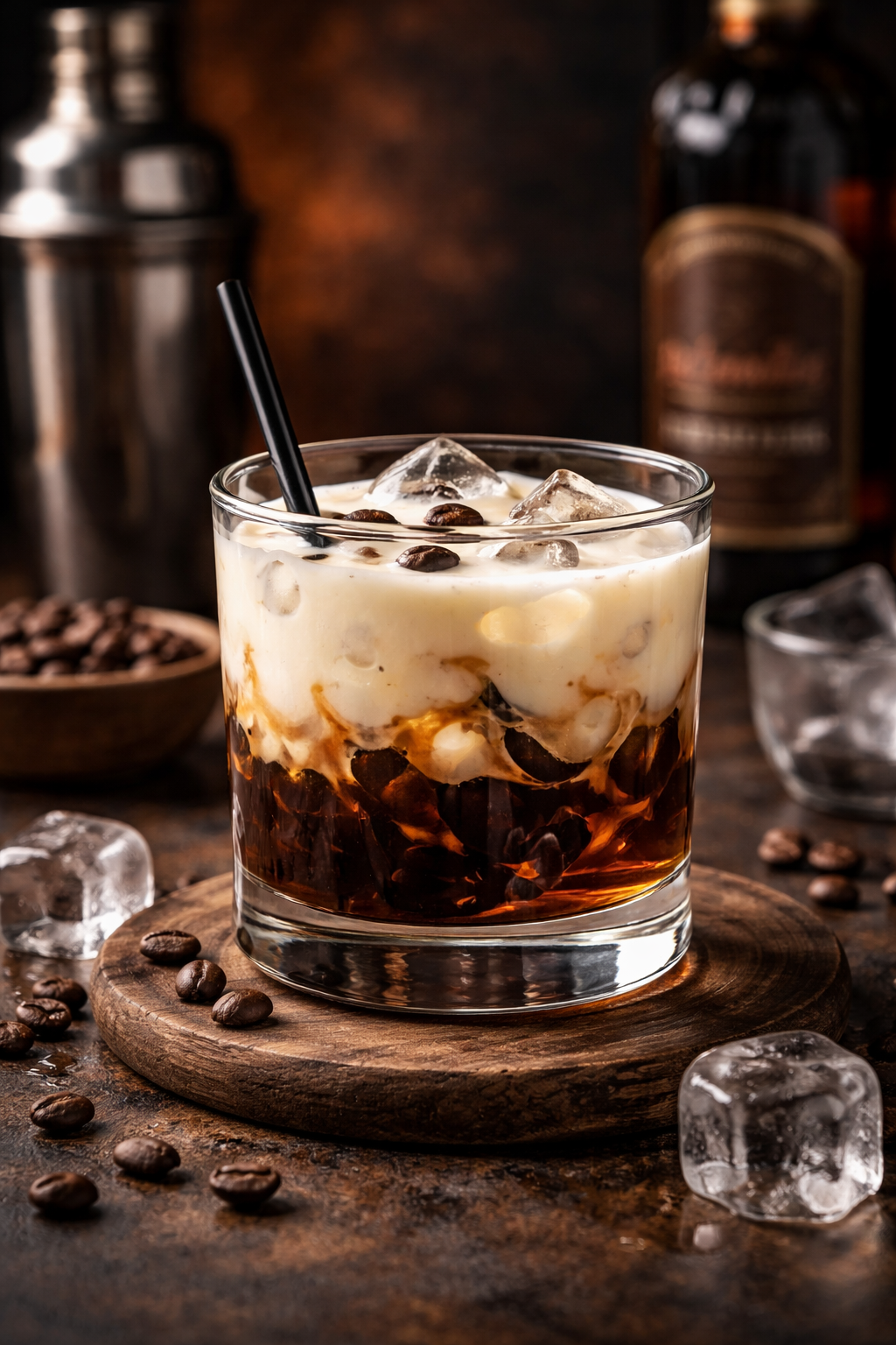 White russian cocktail in a lowball glass with ice and cream layer
