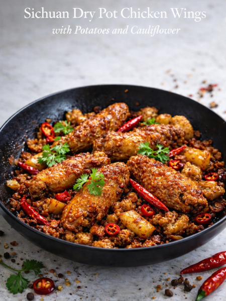 Sichuan dry pot chicken wings with potatoes and cauliflower in a black wok