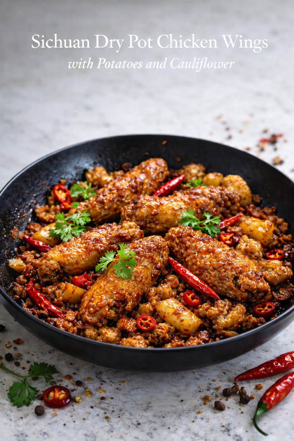 Sichuan dry pot chicken wings with potatoes and cauliflower in a black wok