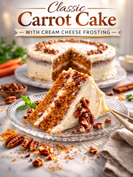 A slice of classic carrot cake with cream cheese frosting on a white plate, showing the moist, spiced crumb studded with pecans and raisins, topped with a thick swirl of creamy white frosting and chopped pecans.