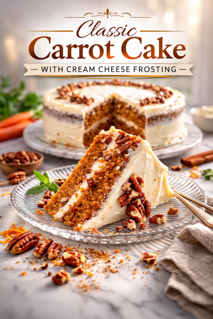 A slice of classic carrot cake with cream cheese frosting on a white plate, showing the moist, spiced crumb studded with pecans and raisins, topped with a thick swirl of creamy white frosting and chopped pecans.