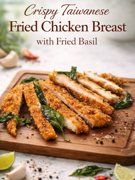 Crispy Taiwanese fried chicken breast with five-spice salt, golden fried basil, and a craggy sweet potato starch crust on a wooden board.