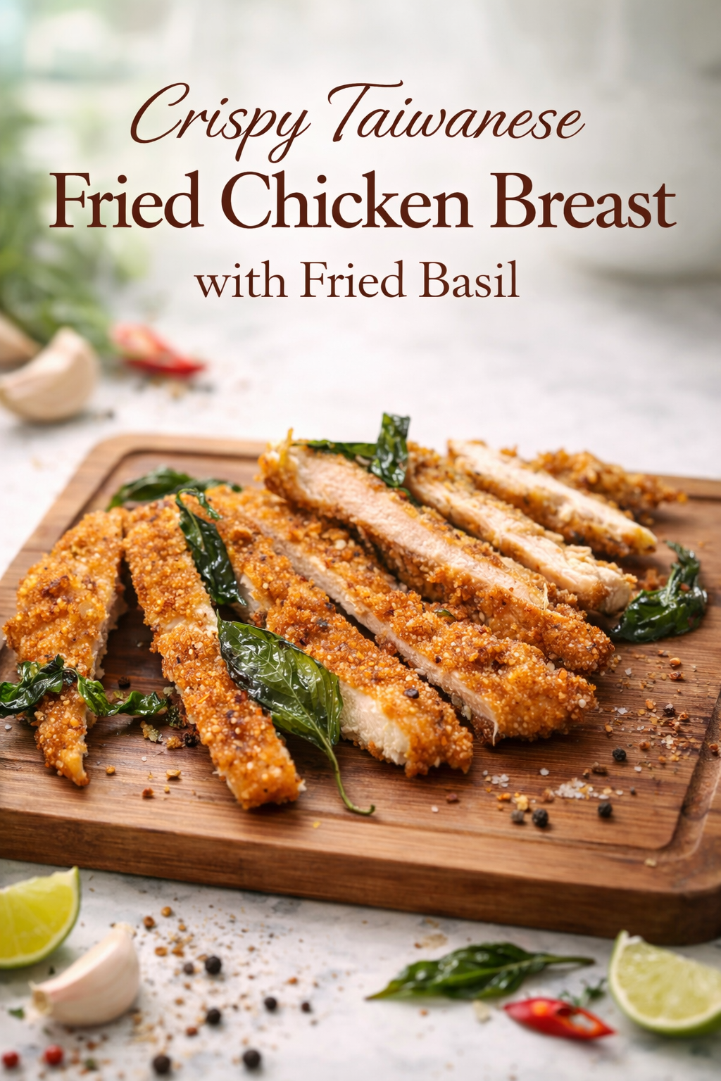 Crispy Taiwanese fried chicken breast with five-spice salt, golden fried basil, and a craggy sweet potato starch crust on a wooden board.