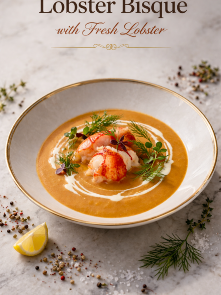 Creamy lobster bisque with fresh lobster served in a white bowl with pan-seared claw meat, fresh dill garnish, and swirl of cream