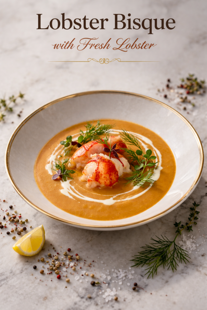 Creamy lobster bisque with fresh lobster served in a white bowl with pan-seared claw meat, fresh dill garnish, and swirl of cream
