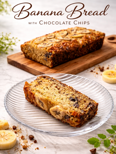 A freshly baked loaf of banana bread with chocolate chips sits on a wooden cutting board, topped with caramelized banana slices and a sprinkling of melted chocolate chips, with a cross-section slice revealing pockets of gooey chocolate throughout the moist crumb.