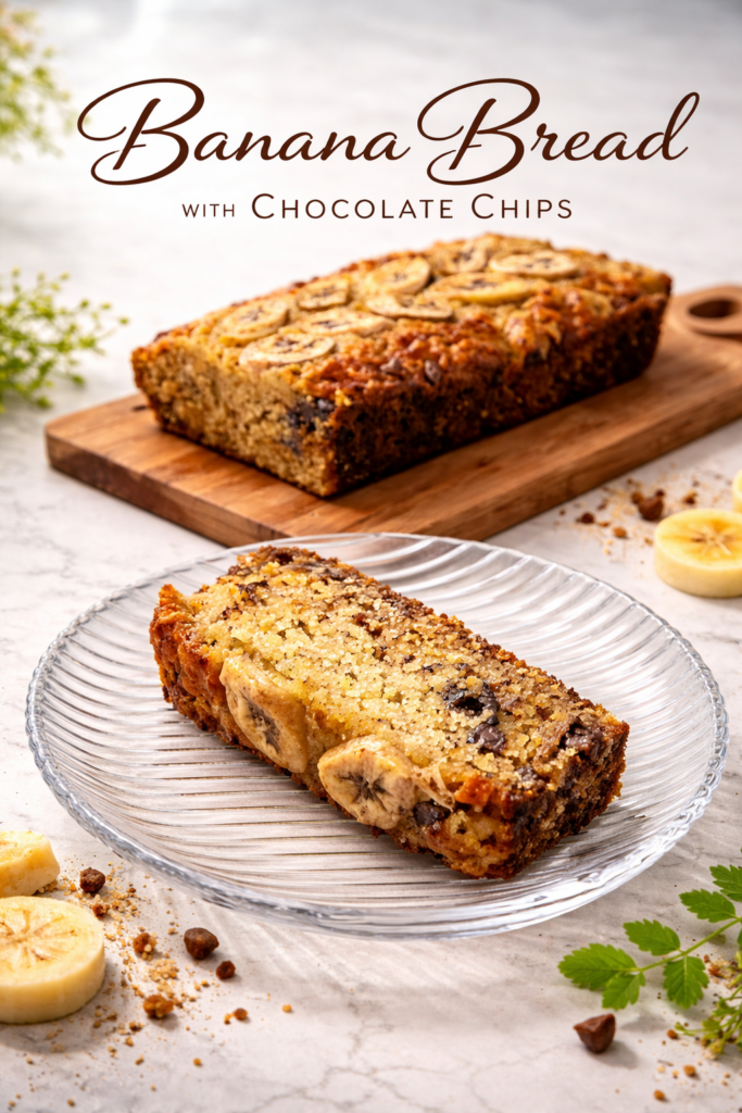 A freshly baked loaf of banana bread with chocolate chips sits on a wooden cutting board, topped with caramelized banana slices and a sprinkling of melted chocolate chips, with a cross-section slice revealing pockets of gooey chocolate throughout the moist crumb.