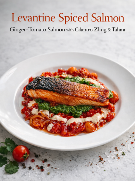 Crispy-skinned Levantine spiced salmon on tomato compote, drizzled with green zhug and creamy tahini.