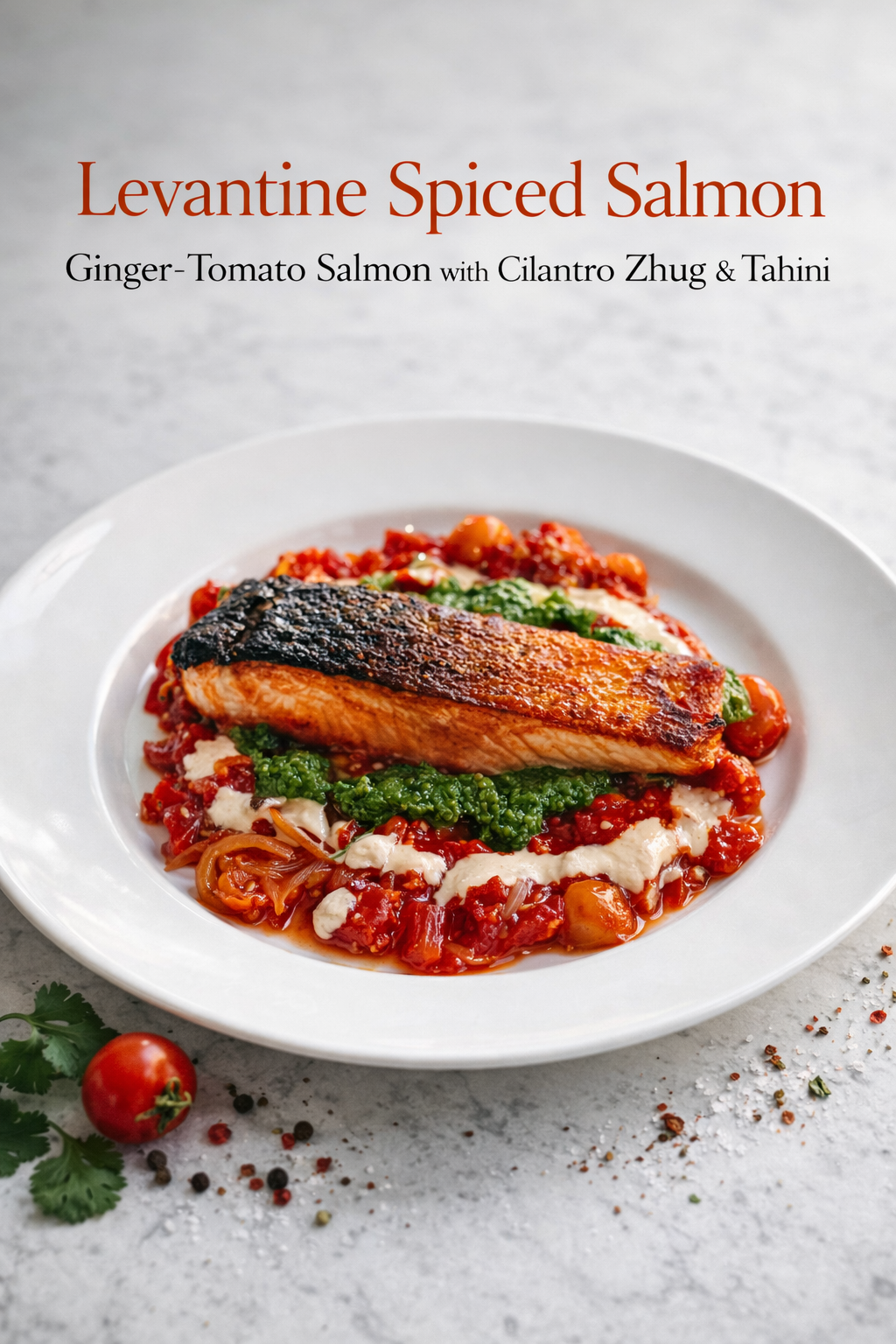 Crispy-skinned Levantine spiced salmon on tomato compote, drizzled with green zhug and creamy tahini.