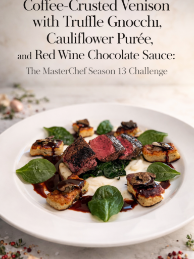 Coffee-crusted venison sliced into medallions, served with truffle gnocchi, cauliflower purée swoosh, and red wine chocolate sauce on a white plate.