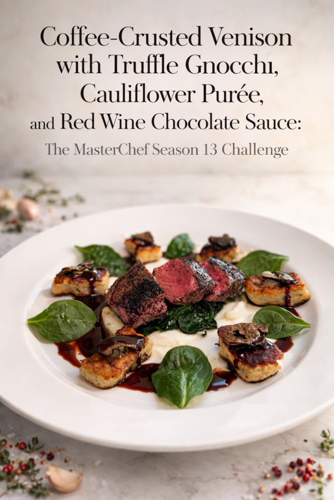 Coffee-crusted venison sliced into medallions, served with truffle gnocchi, cauliflower purée swoosh, and red wine chocolate sauce on a white plate.