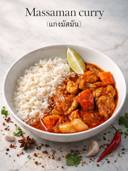 A bowl of Massaman chicken curry with tender chicken thighs, potatoes, carrots, and red peppers in a rich coconut sauce, served over jasmine rice and garnished with roasted peanuts and fresh cilantro.
