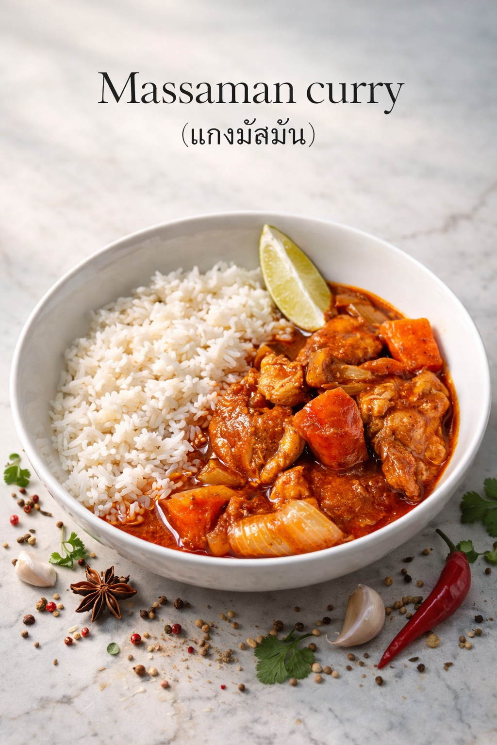 A bowl of Massaman chicken curry with tender chicken thighs, potatoes, carrots, and red peppers in a rich coconut sauce, served over jasmine rice and garnished with roasted peanuts and fresh cilantro.