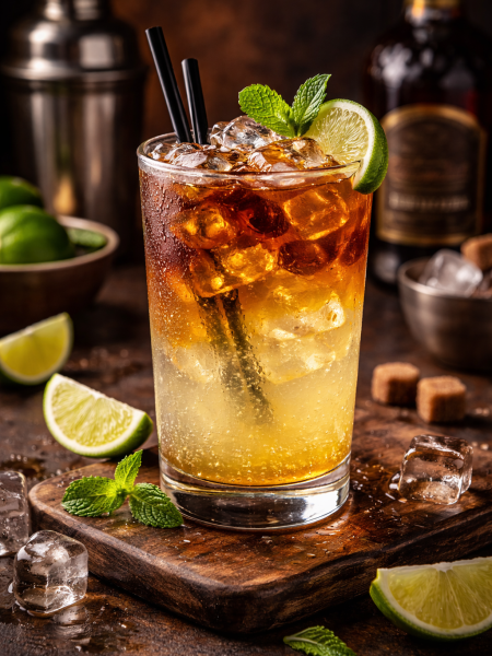 Dark 'n Stormy cocktail garnished with candied ginger on a cocktail pick, adding extra spice and visual interest.