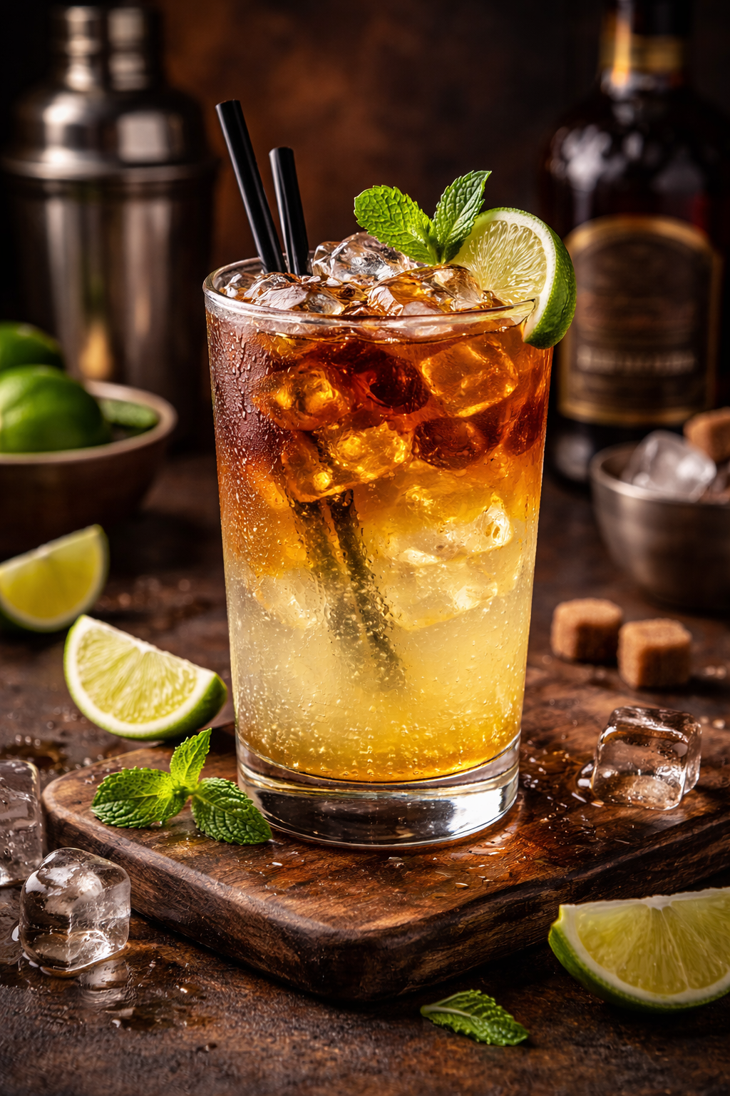 Dark 'n Stormy cocktail garnished with candied ginger on a cocktail pick, adding extra spice and visual interest.