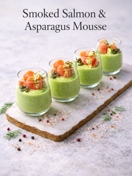 Elegant smoked salmon and asparagus mousse appetizer towers on a white platter, garnished with microgreens and a delicate piece of edible gold leaf.
