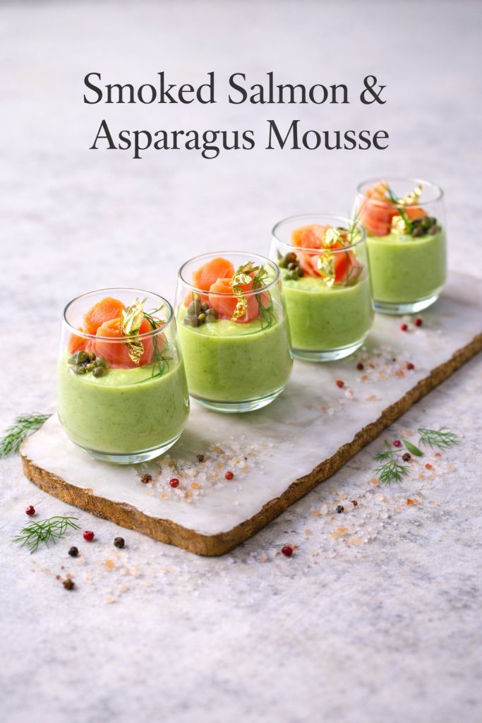 Elegant smoked salmon and asparagus mousse appetizer towers on a white platter, garnished with microgreens and a delicate piece of edible gold leaf.