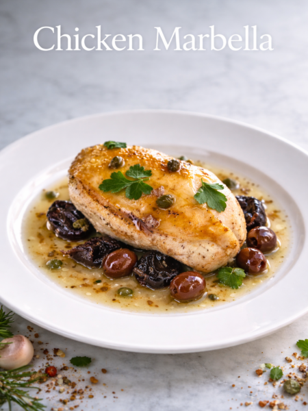 Chicken Marbella breast with prunes, olives, and brown sugar pan sauce