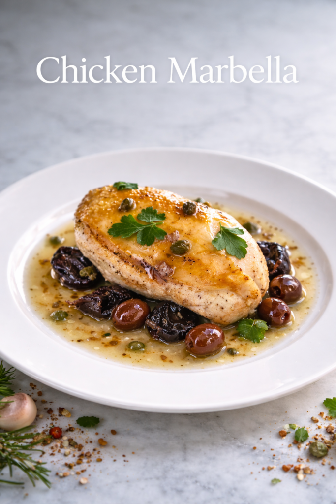 Chicken Marbella breast with prunes, olives, and brown sugar pan sauce