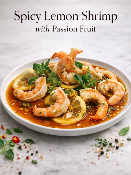 Spicy Passionfruit Lemon Shrimp tossed in a tangy citrus sauce with fresh basil and cilantro, served in a white bowl.