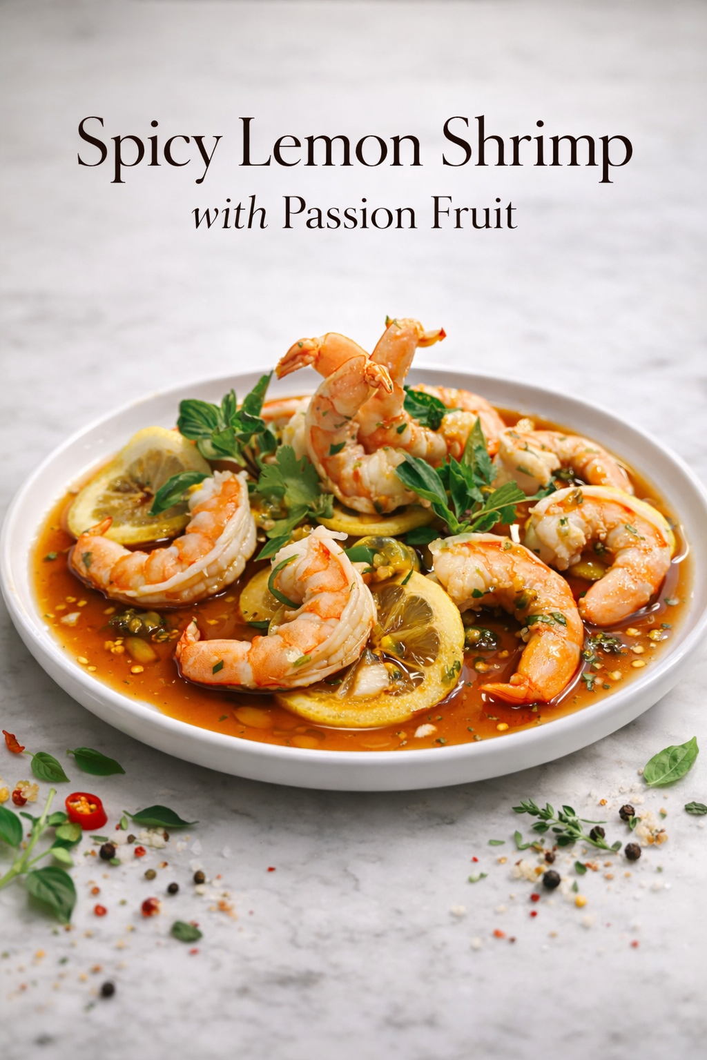 Spicy Passionfruit Lemon Shrimp tossed in a tangy citrus sauce with fresh basil and cilantro, served in a white bowl.