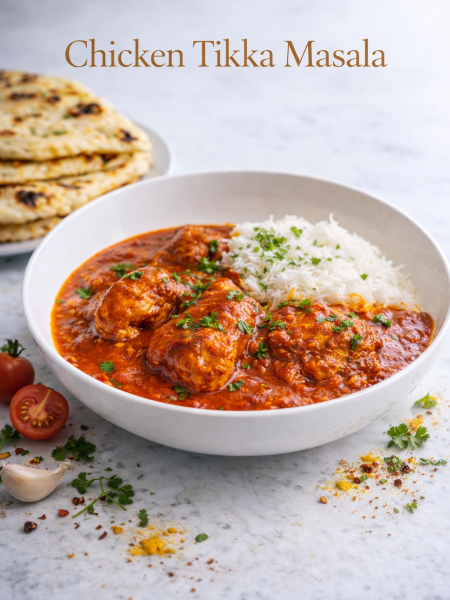 Creamy chicken tikka masala with coconut milk in a serving bowl, garnished with fresh cilantro and served with homemade garlic parsley naan.