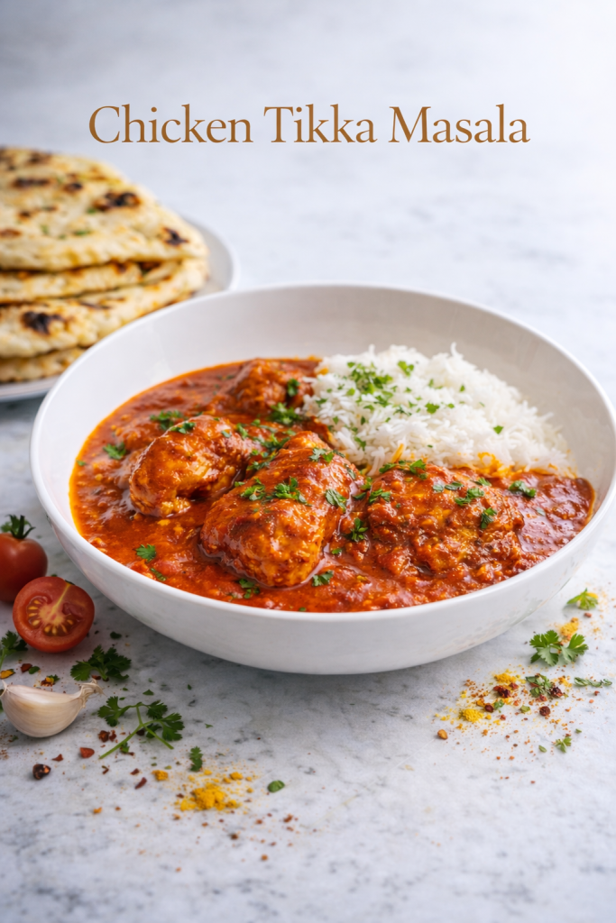 Creamy chicken tikka masala with coconut milk in a serving bowl, garnished with fresh cilantro and served with homemade garlic parsley naan.