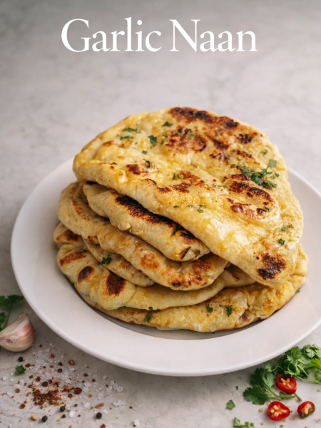 A stack of homemade garlic parsley naan in the foreground with a bowl of creamy chicken tikka masala blurred in the background.