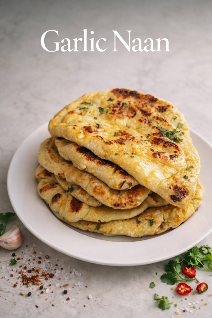 A stack of homemade garlic parsley naan in the foreground with a bowl of creamy chicken tikka masala blurred in the background.