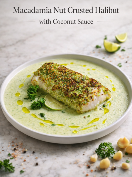 Macadamia nut crusted halibut fillet with golden brown crust resting on a plate drizzled with creamy coconut jalapeño sauce and garnished with fresh parsley.