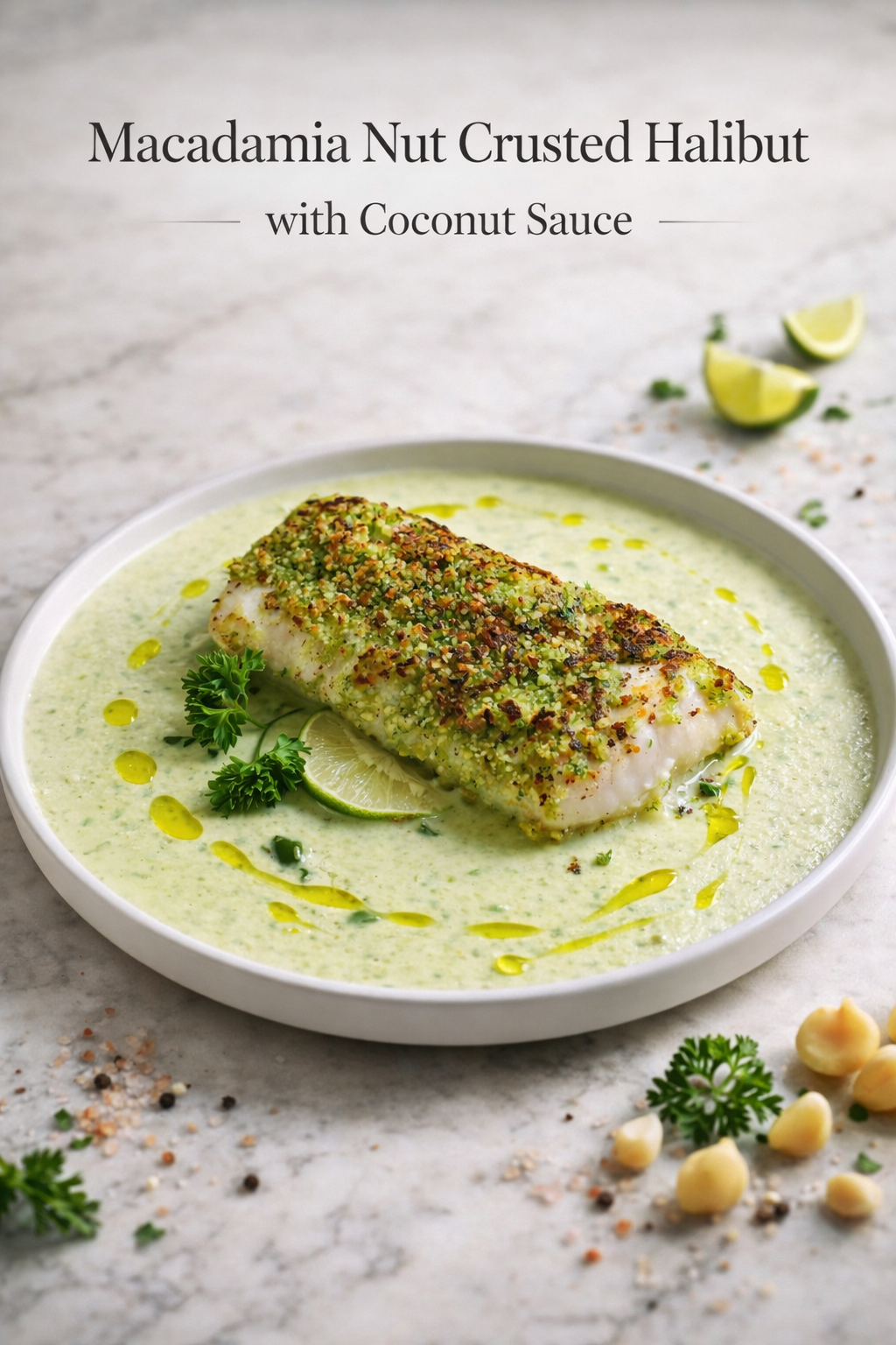 Macadamia nut crusted halibut fillet with golden brown crust resting on a plate drizzled with creamy coconut jalapeño sauce and garnished with fresh parsley.