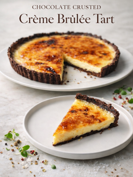 A slice of chocolate crusted crème brûlée tart on a white plate, showing the crispy caramelized top, smooth vanilla custard, and rich dark chocolate crust.