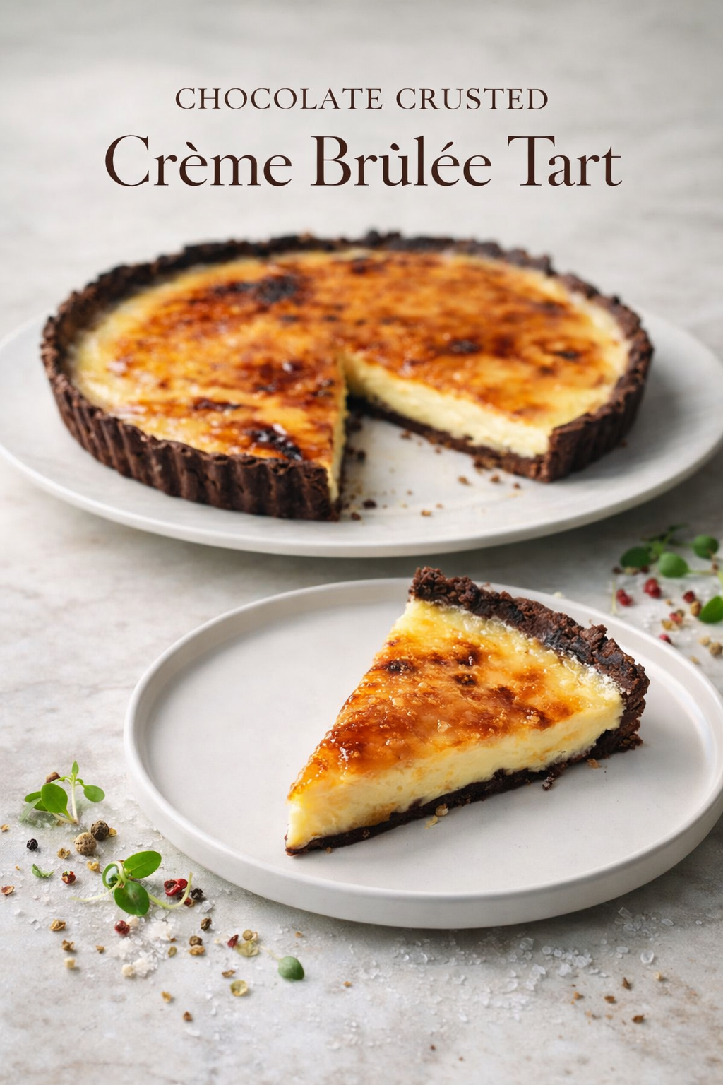 A slice of chocolate crusted crème brûlée tart on a white plate, showing the crispy caramelized top, smooth vanilla custard, and rich dark chocolate crust.