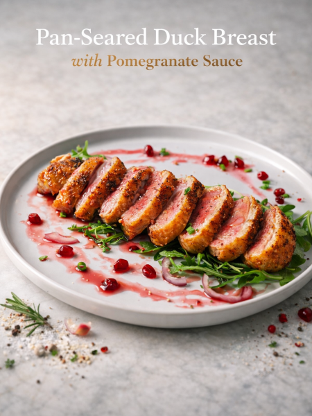 Pan-seared duck breast with pomegranate sauce sliced on a white plate garnished with fresh arils and chives.