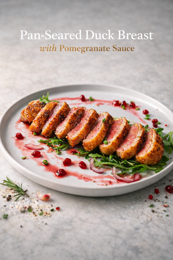 Pan-seared duck breast with pomegranate sauce sliced on a white plate garnished with fresh arils and chives.