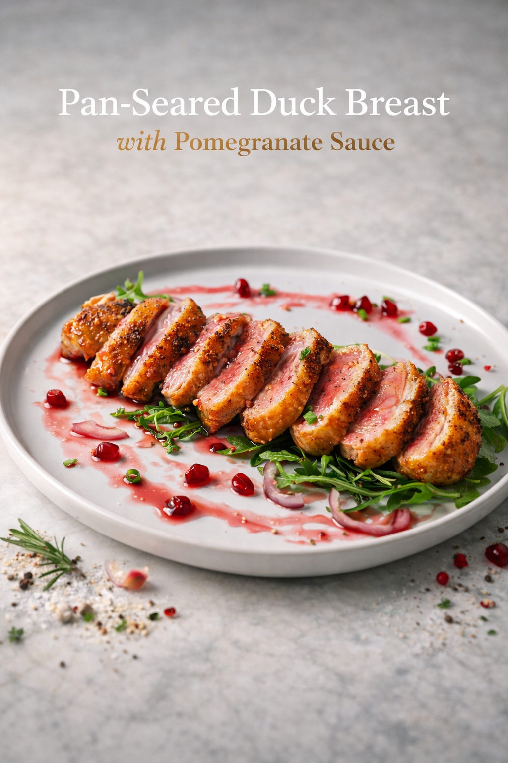 Pan-seared duck breast with pomegranate sauce sliced on a white plate garnished with fresh arils and chives.