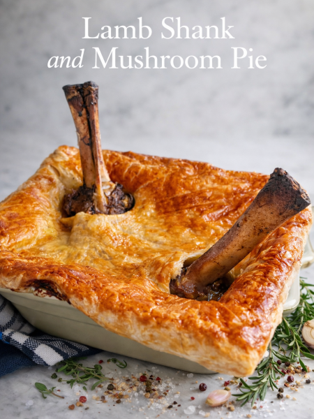 Golden brown puff pastry lamb shank and mushroom pie with a single lamb bone protruding through the crust, served on a rustic wooden board with a side of creamy mashed potatoes.