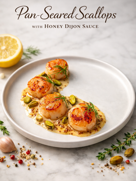 Four golden-brown pan-seared scallops with honey dijon sauce on a white plate, garnished with crushed pistachios and fresh dill.