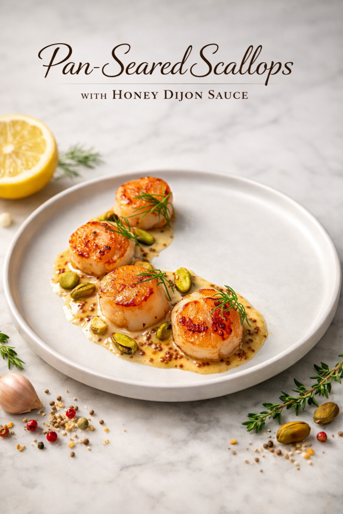 Four golden-brown pan-seared scallops with honey dijon sauce on a white plate, garnished with crushed pistachios and fresh dill.