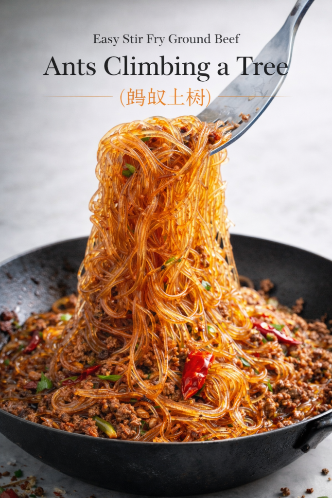 Ground Beef Ants Climbing a Tree served in a white bowl with chopsticks, showing savory ground beef clinging to translucent glass noodles