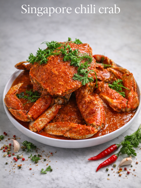 Authentic Singapore chili crab recipe with bright orange-red sauce, fresh cilantro garnish, and golden mantou buns for dipping