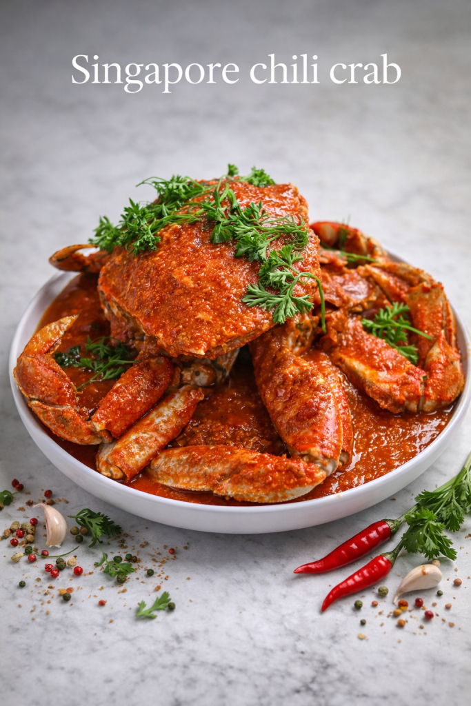 Authentic Singapore chili crab recipe with bright orange-red sauce, fresh cilantro garnish, and golden mantou buns for dipping