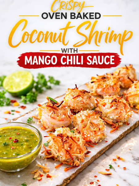 A platter of golden-brown crispy oven baked coconut shrimp arranged in a circle around a small white bowl of vibrant orange mango chili sauce. The shrimp have a textured, crunchy coating with visible toasted coconut flakes. Fresh lime wedges and whole basil leaves garnish the platter, enhancing the tropical presentation.