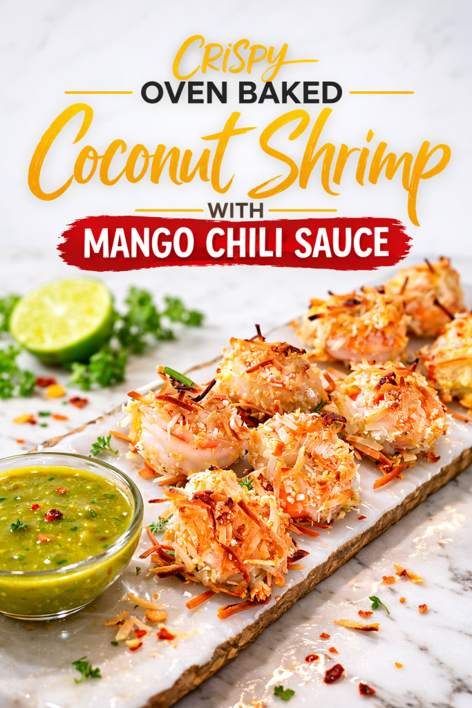 A platter of golden-brown crispy oven baked coconut shrimp arranged in a circle around a small white bowl of vibrant orange mango chili sauce. The shrimp have a textured, crunchy coating with visible toasted coconut flakes. Fresh lime wedges and whole basil leaves garnish the platter, enhancing the tropical presentation.