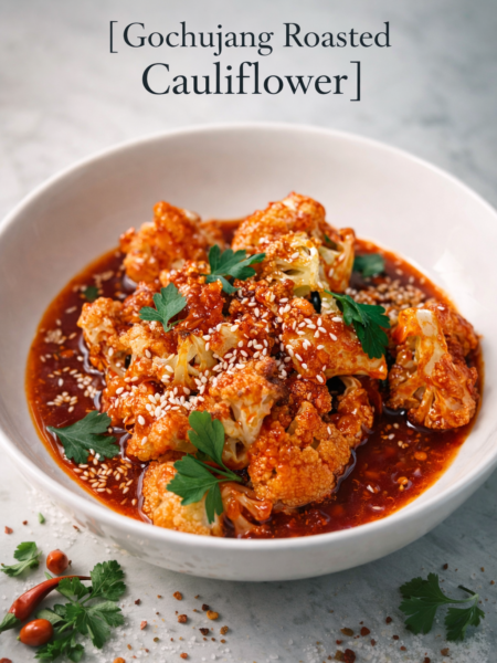 Gochujang roasted cauliflower florets glazed in sticky red Korean chili sauce, garnished with fresh cilantro leaves and white sesame seeds.