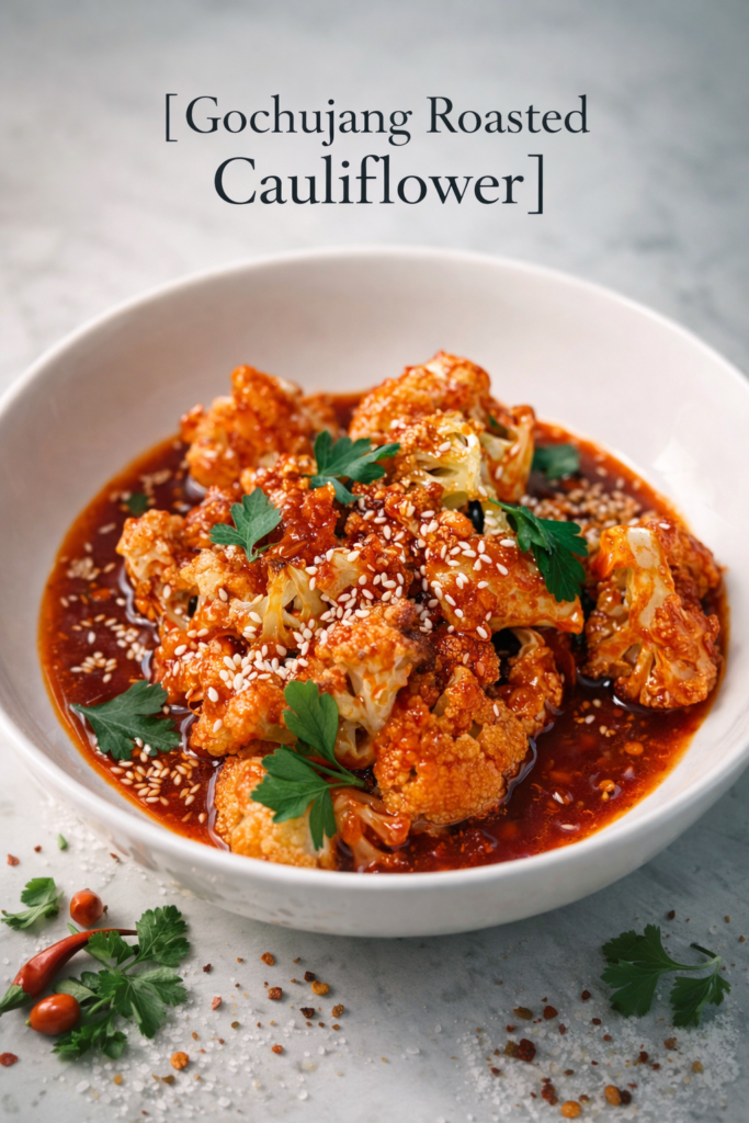 Gochujang roasted cauliflower florets glazed in sticky red Korean chili sauce, garnished with fresh cilantro leaves and white sesame seeds.
